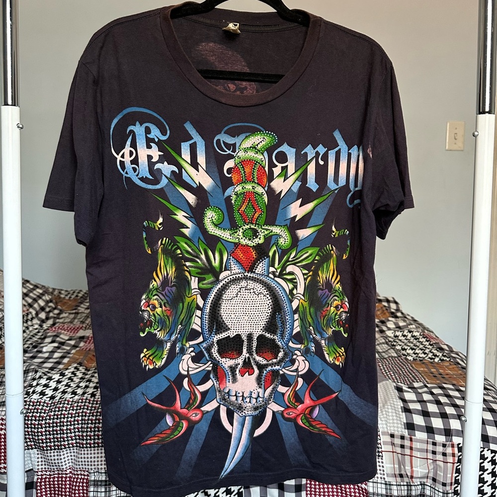 Ed Hardy Black Graphic Y2K T-Shirt for Men